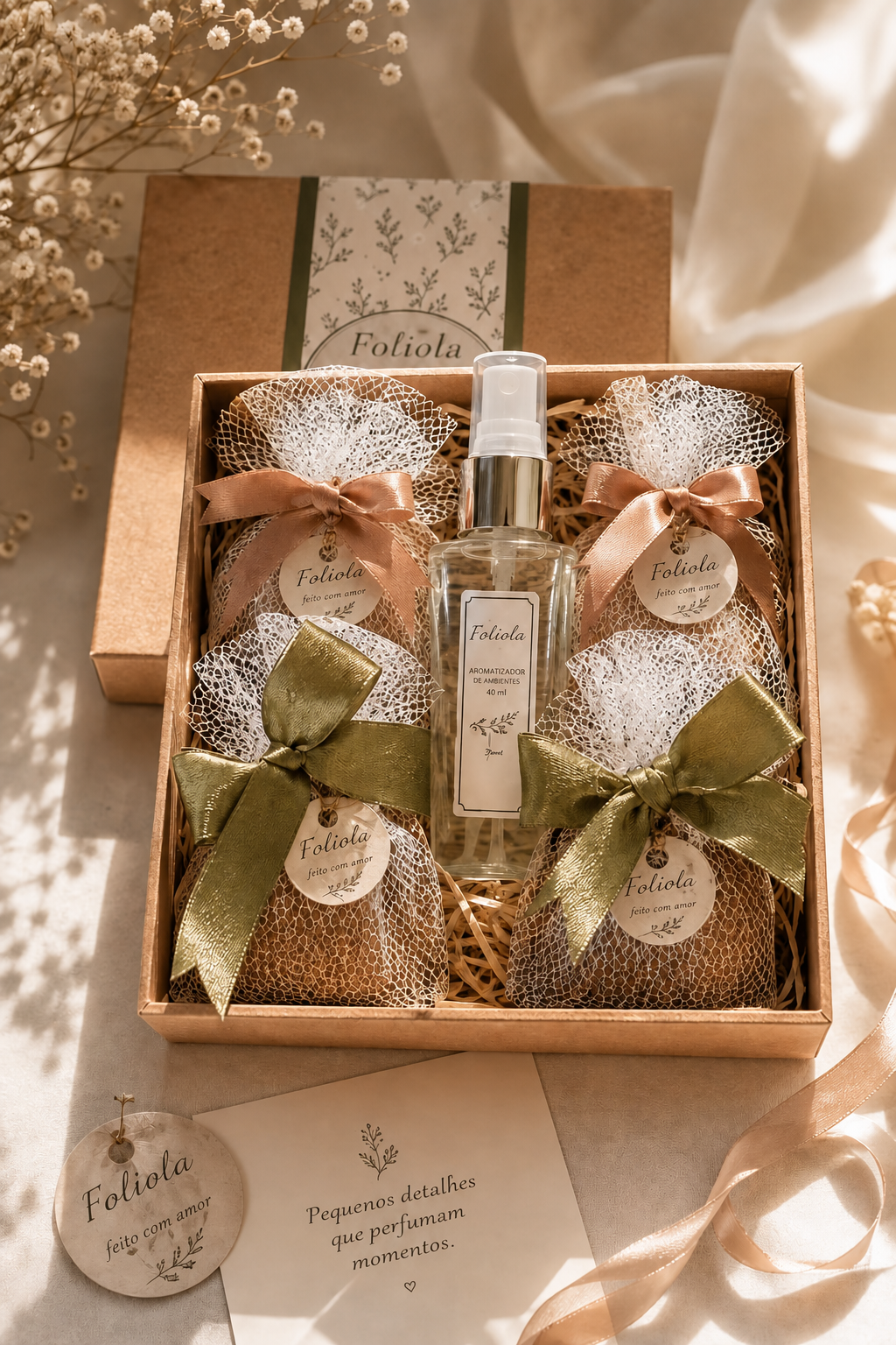 Kit Foliola em caixa presenteável com essência de 40 ml e quatro sachês aromatizantes