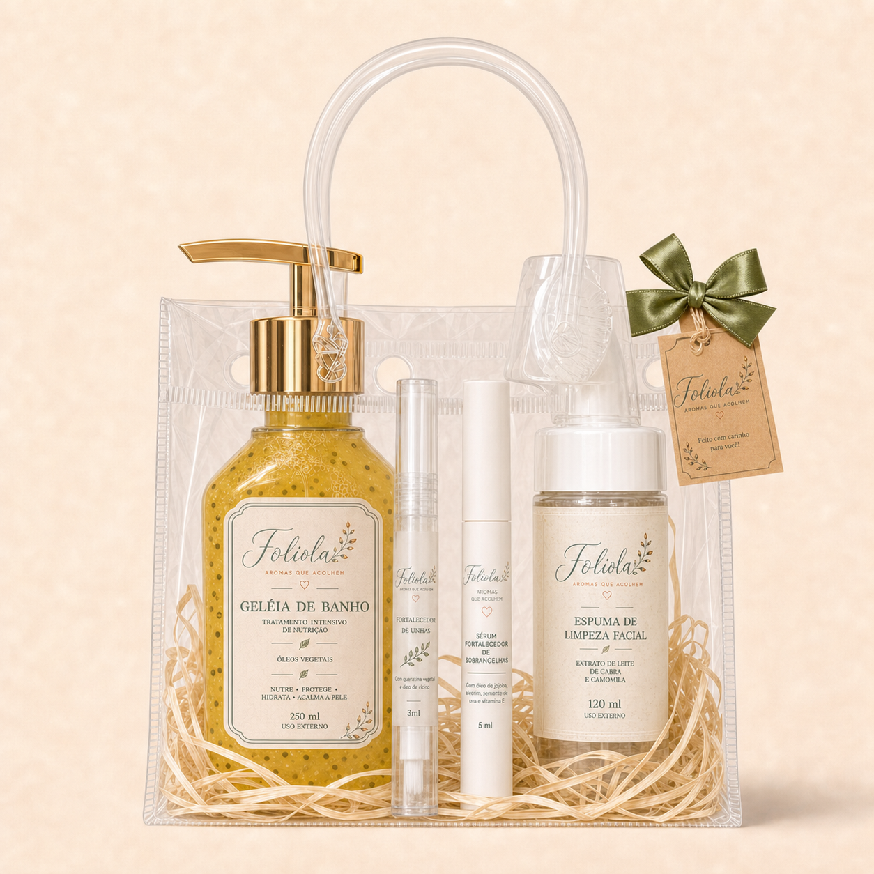 Kit Foliola com geléia de banho amarela e sementes de colza, espuma facial, fortalecedor de unhas e sérum de sobrancelhas