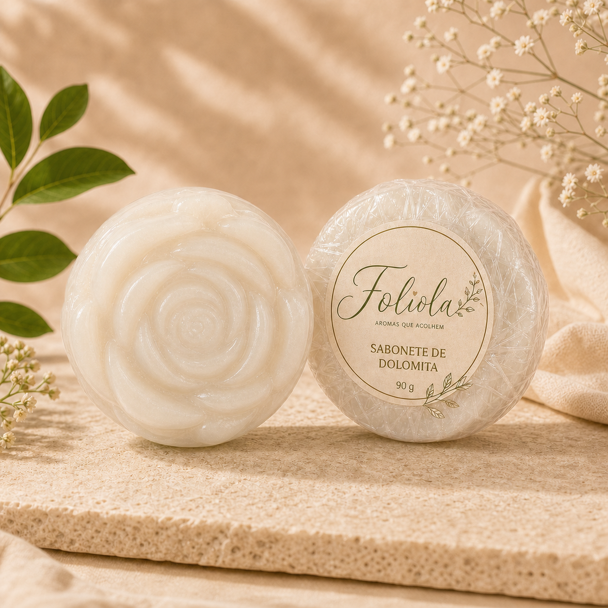 Sabonete de Dolomita Foliola branco leitoso em formato de rosa, apresentado sem embalagem e embalado com rótulo da marca