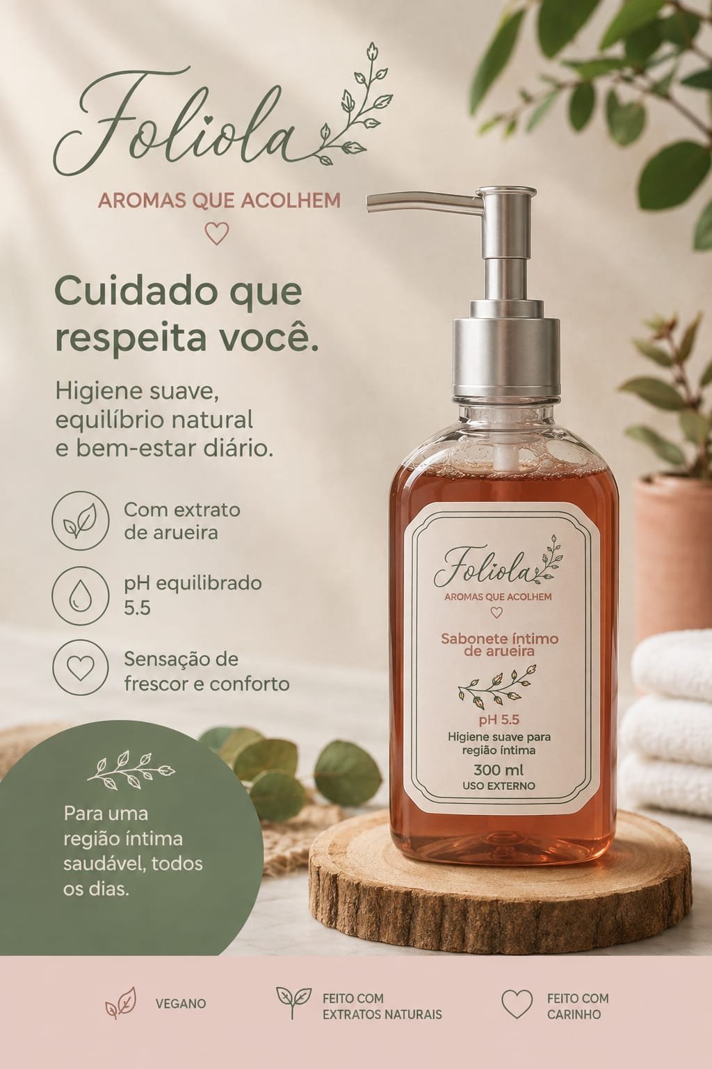 Sabonete líquido íntimo de aroeira Foliola em frasco de 300 ml com válvula dosadora